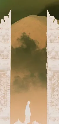 This premium phone live wallpaper showcases a stunning stone archway and digital art inspired by surrealism on an orange background