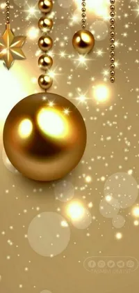 This is a stunning live wallpaper for your phone featuring a festive Christmas background with beautiful gold balls, stars, pearls, and gold chains