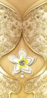This phone live wallpaper features a stunning digital art piece of an ornate white and gold dress with a lily flower on the shoulder