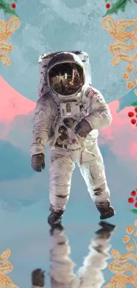 This lively live phone wallpaper features a digital rendering of an astronaut floating on water