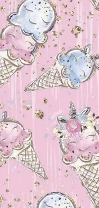 This phone live wallpaper features a playful and whimsical design, depicting ice cream cones and unicorns on a soft pink background