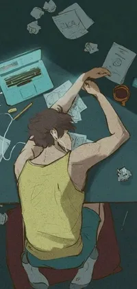 This live wallpaper depicts a hardworking man at his desk, focused on his laptop computer