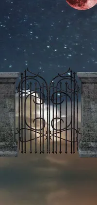 This phone live wallpaper depicts a digital rendering of a gothic-inspired gate in the sky with a full moon in the background