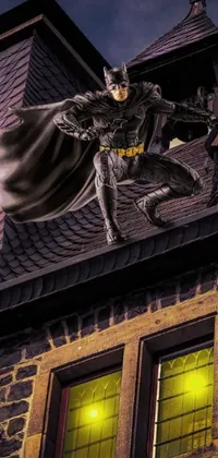 This dynamic live wallpaper showcases Batman in flight, gliding across a cityscape, illustrated in photorealistic detail
