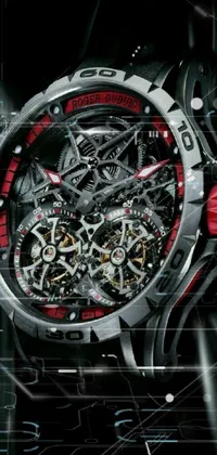 This live wallpaper features a close-up of a stylish watch on a black background with red armor accents
