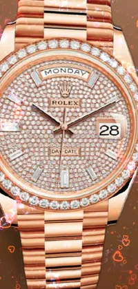 Presenting a stunning Rolex watch live wallpaper for your mobile device! This close-up shot showcases the intricately designed watch face embellished with sparkling gems