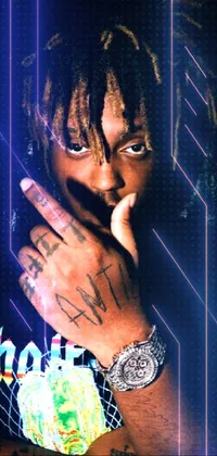 This phone live wallpaper is a captivating image capturing a man with dreadlocks holding a cigarette and a pistol, surrounded by colorful night lights