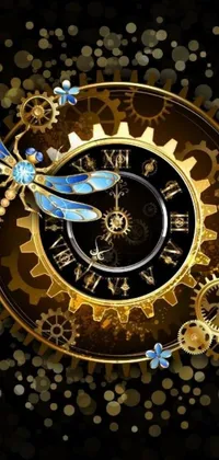 This live wallpaper showcases a magnificent clock with gears and a delicate dragonfly against a luxurious gold and black background