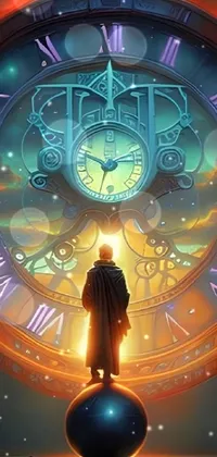 This phone live wallpaper features a man standing with sword and shield in front of a giant fantasy clock