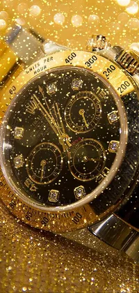 This <a href="/">phone live wallpaper</a> features a detailed portrait mode of a baroque-styled Rolex watch on a shiny reflective surface