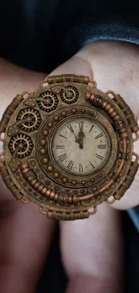 This phone live wallpaper depicts a photorealistic close-up of a hand holding a clock with detailed jewelry and pyrography elements