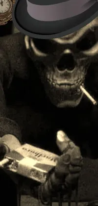 This phone live wallpaper features an artistic digital image of a skeleton with a rebellious vibe