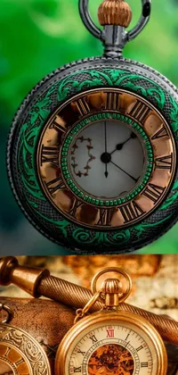 This phone live wallpaper features a close-up of a pocket watch on a table with a copper and emerald inlay