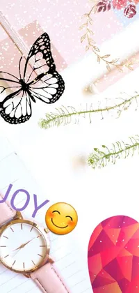 This <a href="/">phone live wallpaper</a> showcases a charming pink watch and a piece of paper as its centerpiece, along with vibrant butterflies flying joyfully in the foreground