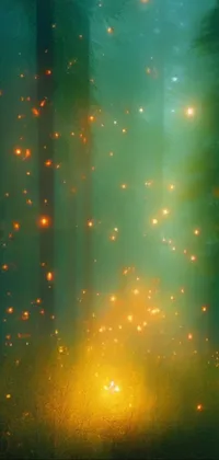 This stunning phone live wallpaper features a mesmerizing scene of fireflies fluttering through a lush forest