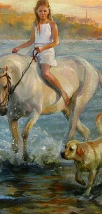 This phone live wallpaper depicts a stunning painting of a girl riding a horse through shallow waters, accompanied by a loyal dog and a picturesque sunset in the background