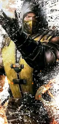 This phone live wallpaper features a dynamic image of a fierce looking man wearing a yellow and black costume in front of a picture-inspired background