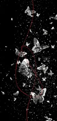 This phone live wallpaper depicts a stunning digital artwork of a hand stretching for a butterfly string against a black, white, and red background
