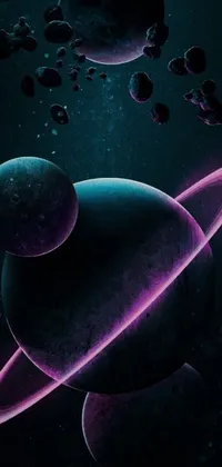 This phone live wallpaper is a digital art masterpiece featuring a dark neon colored universe with planets, asteroids, and rotating galaxies