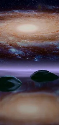 This phone wallpaper features a group of rocks resting on calm waters surrounded by stunning digital space-themed art