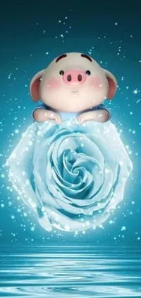 Looking for a cute way to dress up your phone? Look no further than this eye-catching live wallpaper! Featuring a sweet little pig perched atop a bright blue rose, this design is sure to bring a smile to your face
