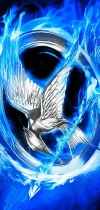 This phone wallpaper features a stunning digital rendering of a blue fire bird in the shape of a circle