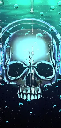 This phone live wallpaper is a digital art rendering of a skull with headphones floating peacefully in water