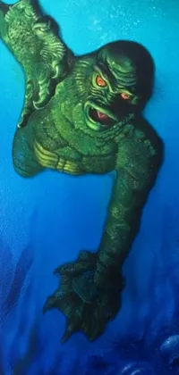 This phone live wallpaper showcases an eye-catching airbrush painting of a sea creature swimming in the ocean depths