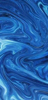 This phone live wallpaper showcases a close-up of a mesmerizing blue and white swirl created with acrylic pouring