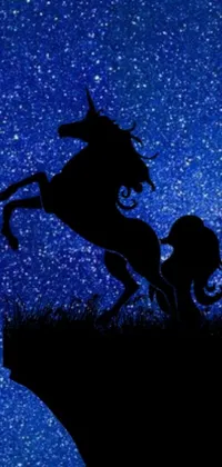 This stunning live wallpaper depicts a silhouette of a horse mid-jump over a cliff against a gorgeous starry sky background