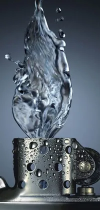 This photorealistic live wallpaper features an intricate metal lighter with water pouring out of it