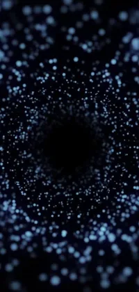 This live wallpaper features a stunning black hole filled with twinkling white dots, blue particles, and a captivating image of a star-gate from a futuristic film