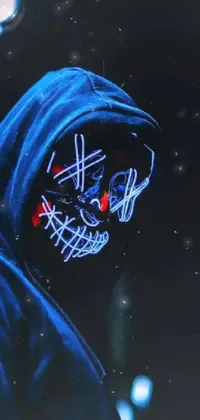 This live wallpaper showcases a digitally rendered image of a figure wearing a black hoodie with a glowing neon mask in red and blue hues