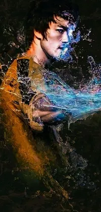 This phone wallpaper depicts a man playing frisbee in calm waters, surrounded by mesmerizing digital art