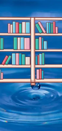 Immerse yourself in a surreal landscape with this dreamlike phone live wallpaper featuring a bookshelf standing on a calm body of water painted in academic style