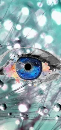 This live phone wallpaper features a striking digital artwork of a blue eye surrounded by water droplets, evoking a surreal and dreamlike vibe