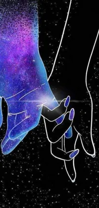 This phone live wallpaper is a stunning digital rendering featuring a couple holding hands in front of a star-filled sky with shades of black, blue, and purple