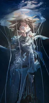 This phone live wallpaper features an anime drawing of a woman floating on a body of water, surrounded by blue jellyfish