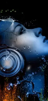 This phone live wallpaper features a stunning close-up of a woman wearing headphones set against a dynamic backdrop of water-inspired digital art