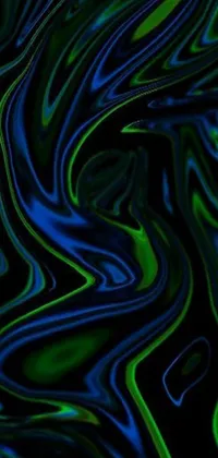 This live phone wallpaper features a black background with visually stunning green and blue swirls, creating a visually stunning and hypnotic effect