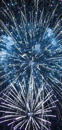 This live wallpaper features a stunning display of blue and silver fireworks bursting in the night sky