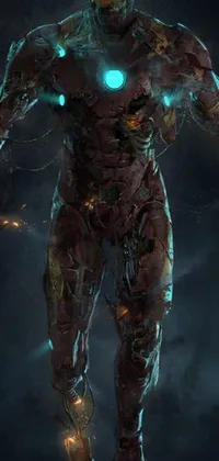 This live phone wallpaper showcases captivating concept art of a man standing in darkness, adorned in a battle-damaged Iron Man suit