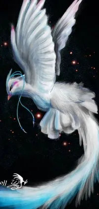 This white bird live wallpaper depicts a beautiful avian soaring across a dark night sky with shining stars