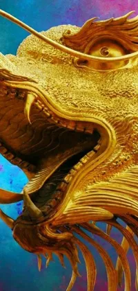 Looking for a stunning live wallpaper for your phone? Check out this trendy golden dragon head close-up! The highly-detailed image captures the dragon's intricate scales and horns in a captivating manner