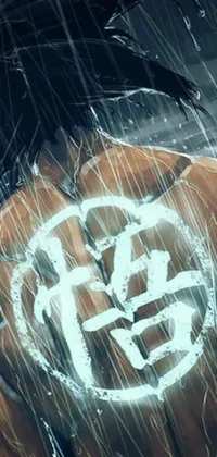 This stunning live wallpaper features a powerful scene of a man with an intricate white kanji tattoo on his back standing in the rain