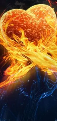 This heart on fire live wallpaper features a digital rendering of a heart on fire flying through the air, leaving behind a trail of blue fireball