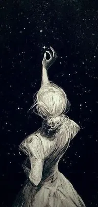This stunning phone wallpaper features a beautifully detailed black and white drawing of a woman in a dress, set against a starlit galaxy