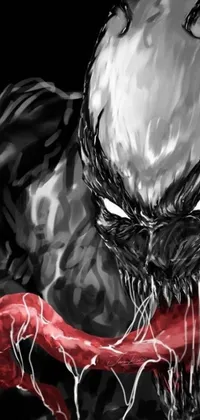 This Spider-Man inspired live wallpaper features a black and white drawing of a muscular male demon with white horns gripping onto a web, adding a touch of darkness to your phone background