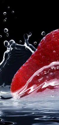 This phone live wallpaper features a hyper realistic image of a red strawberry with a splash of water on its surface, rendered using fractal techniques that capture the intricate texture of its seeds and skin