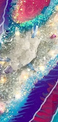Looking for a unique and eye-catching live wallpaper for your phone? Check out this digital art close-up of a cake on a plate, surrounded by glowing quartz crystals and overlaid with a glowing blue spaceship
